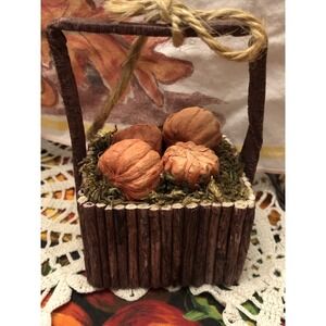 Pier 1 Imports Fall Decor Paper Mache Pumpkins Wood Stick Basket 4" Thanksgiving